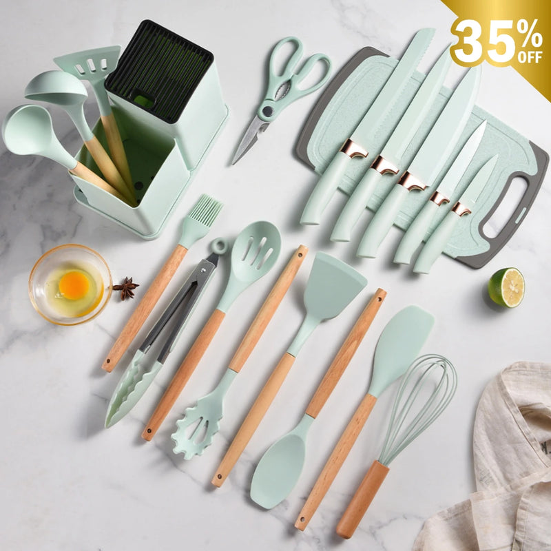 Kit Royale Cozinha sem Bactérias: 19 Utensílios de Silicone Premium Anti-Risco e Antibacteriano + Brinde Exclusivo